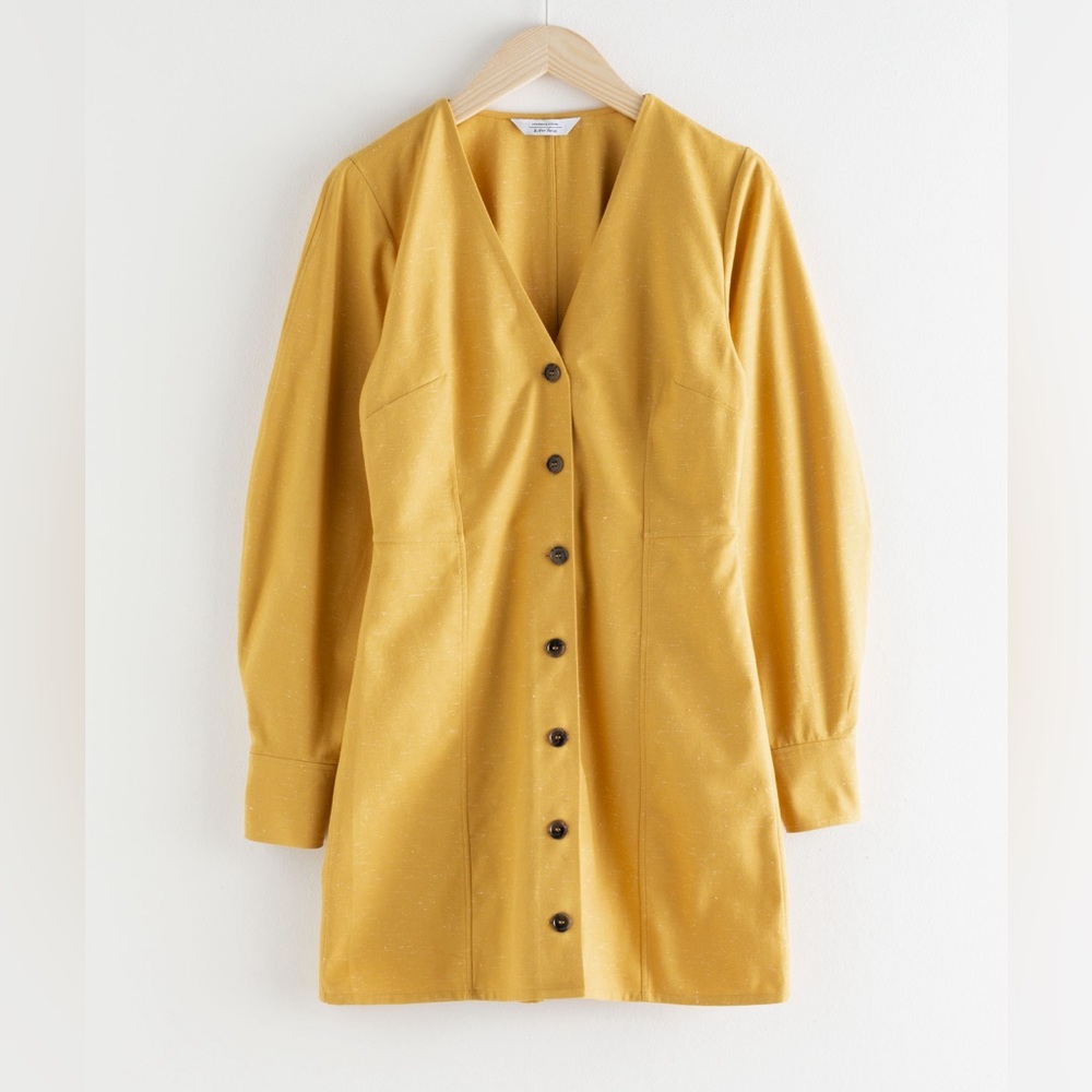 NWT & Other Stories Yellow Button Front Tailored Puff Sleeve Mini Dress Sz 4